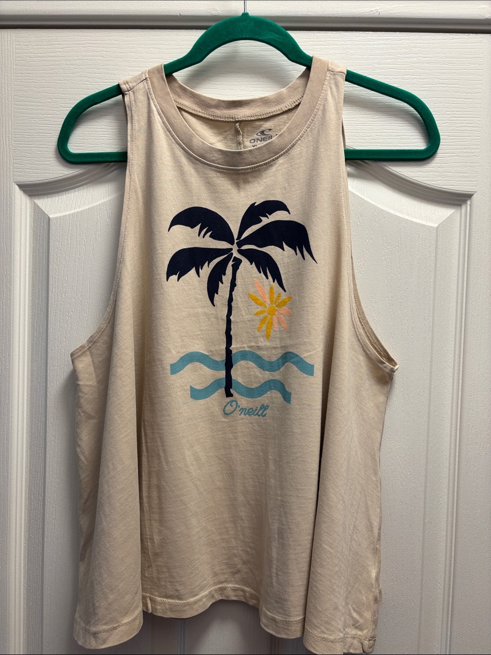 O'Neill Cream Palm Tree Graphic Tank with Navy, Teal & Yellow Accents
